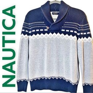 NAUTICA Fair Isle Style Shawl Collar Blue, Gray Pullover Sweater, Size Medium